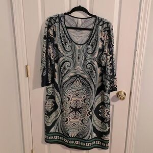 Women’s 3/4 Sleeve dress, navy blue and green paisley design. Size 1X.